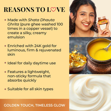 Just Herbs 24K Gold with Pure Ghee Souffle Day Cream for Deep Nourish Moisturising Anti Ageing | Improve Skin Elasticity | Reduce Dullness | Non Sticky | All Skin Types Moisturiser for Women 50ml